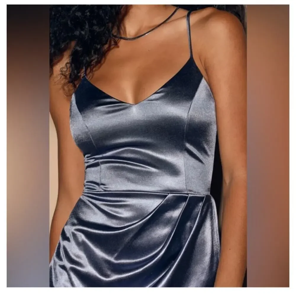 Lulu’s Slate Blue Forever Your Girl Satin Bodycon Dress Size Medium - Picture 7 of 7